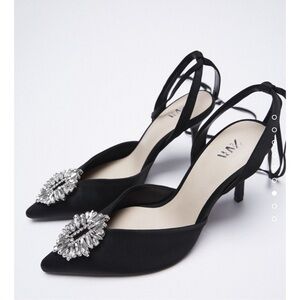 Zara Black Heels with Silver Rhinestone Embellishments